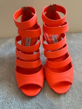 Jimmy Choo Bright Orange Multi-Strap High Heel Sandals